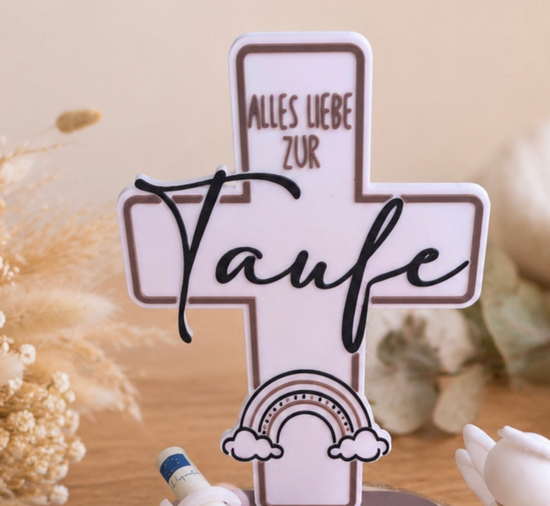 Geldgeschenk Taufe personalisiert | Kreuz Aufsteller mit Baumscheibe & Schutzengel
