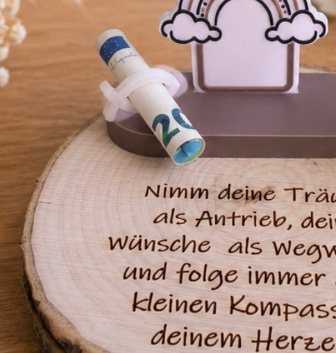 Geldgeschenk Taufe personalisiert | Kreuz Aufsteller mit Baumscheibe & Schutzengel