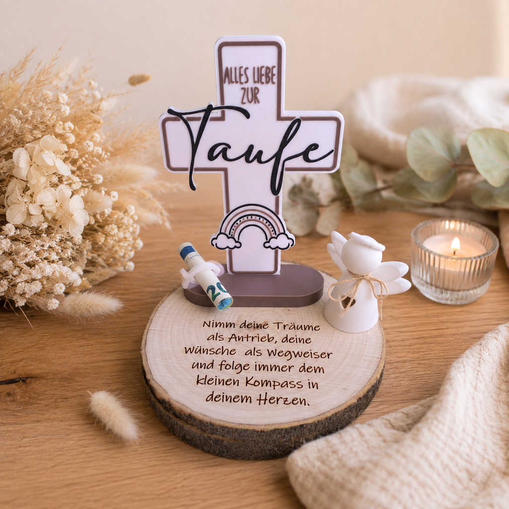 Geldgeschenk Taufe personalisiert | Kreuz Aufsteller mit Baumscheibe & Schutzengel
