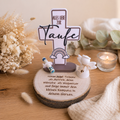Geldgeschenk Taufe personalisiert | Kreuz Aufsteller mit Baumscheibe & Schutzengel